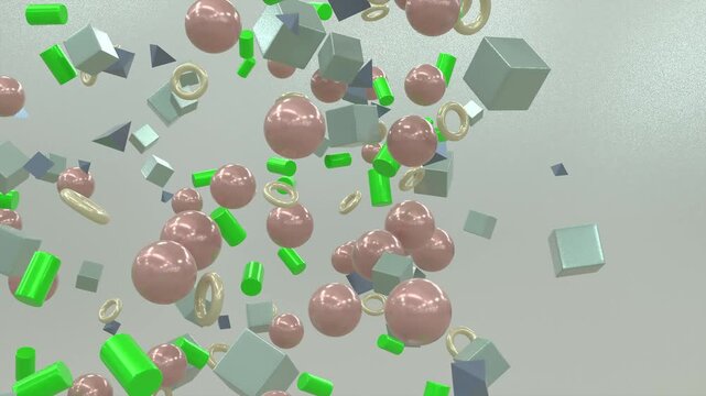 Abstract 3d animation of pink green and silver geometric shapes falling in slow motion on a gray background