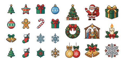 Naklejka premium Christmas Icons Set: Santa Claus, Nativity, Gifts, Ornaments, Snowflakes