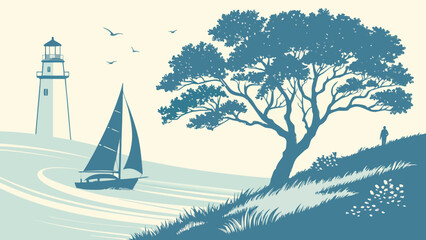 Naklejka premium Seascape with a lone person walking on a hill next to a lighthouse and a sailboat on the water sailing boat sailboat lighthouse landscape nautical silhouette monochrome illustration seascape