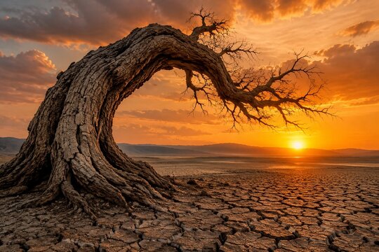 An old gnarled tree with cracked bark bending over parched earth.