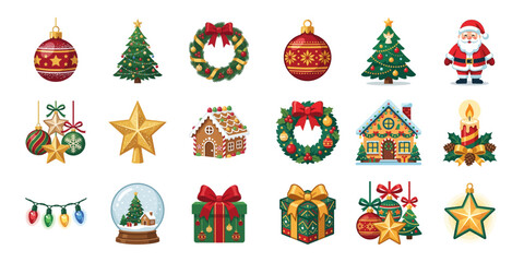 Fototapeta premium Christmas Ornaments, Trees, Santa, Gifts, Wreaths, Gingerbread House, Snow Globe Collection