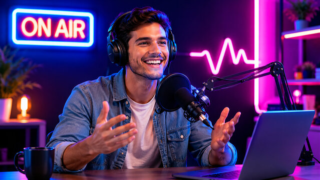 Cheerful young podcast host wearing headphones while recording a live audio show in a modern neon-lit studio. Speaking into a professional microphone with a laptop on the desk, this vibrant scene 