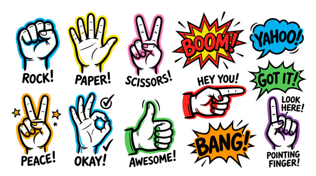 Colorful hand gesture icons with fun exclamations
