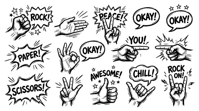 Hand gestures with rock paper scissors and peace signs speech bubbles illustration