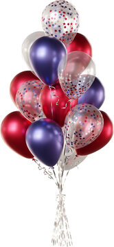 Balloon bouquet in American flag colors with star confetti isolated on a transparent background. Realistic balloons for Independence Day, Fourth of July, patriotic celebrations and festive design.