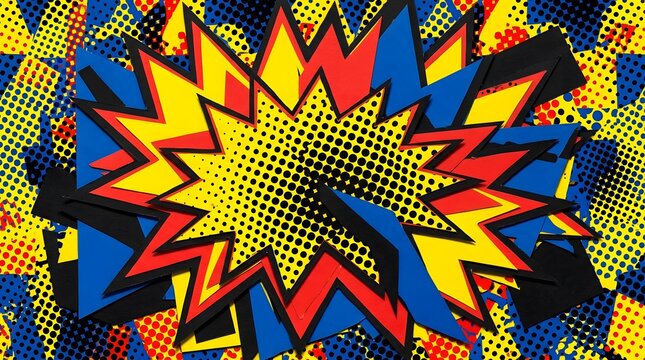 Vibrant comic book explosion graphic featuring sharp geometric shapes with bright yellow red and blue colors and black dot patterns