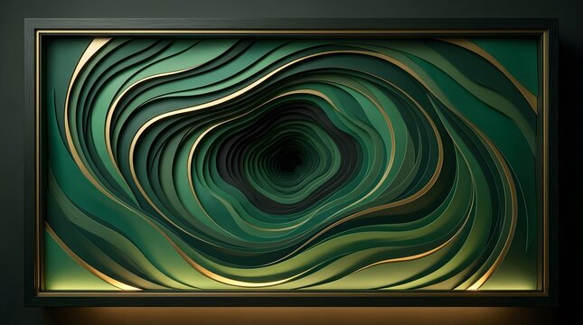 Abstract green paper art layers featuring elegant gold trim within a modern dark wooden frame for luxury interior wall decor