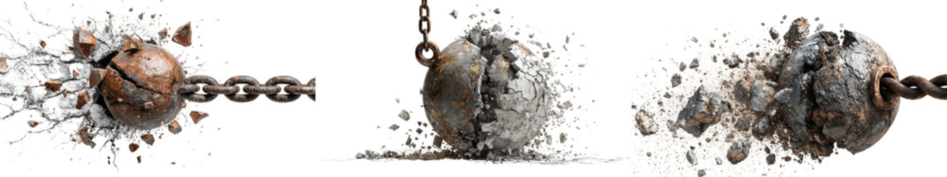 Rusty wrecking balls smashing through concrete isolated on transparent background