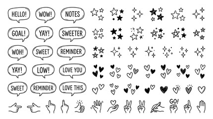 Fototapeta premium Hand-drawn speech bubbles and gesture icons with stars and hearts collection