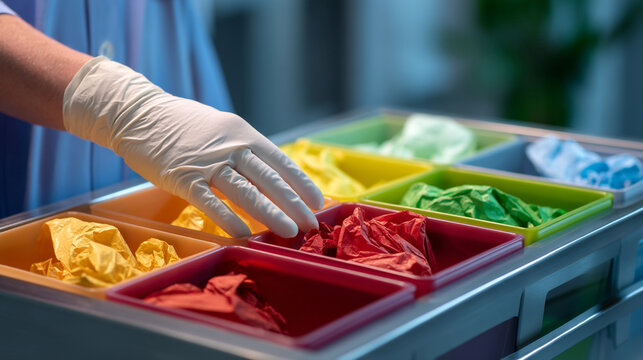 Medical professional sorting color coded items in laboratory bins with research