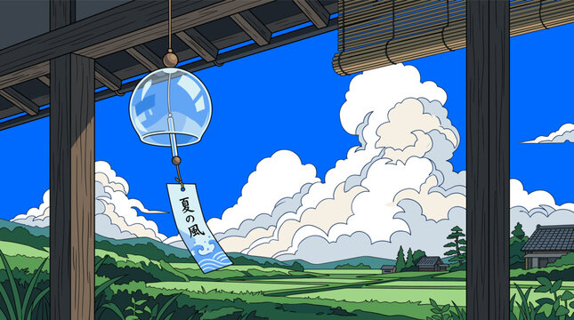 Traditional japanese paper lantern hanging under a wooden roof with scenic sky background