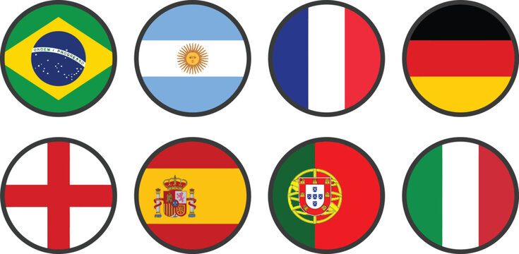 Collection of round circular button icons with world national flags
