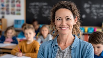 Fototapeta premium Smiling teacher proudly poses in her classroom with young students working intently at their desks creating a vibrant learning environment.