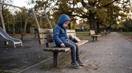 Obraz premium Sad boy sitting alone on a park bench in autumn