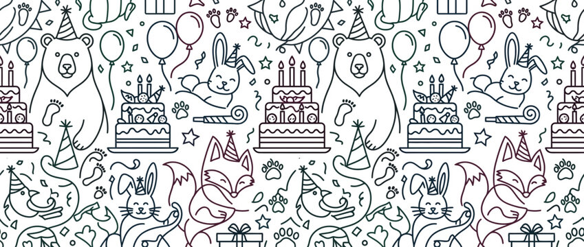 Birthday party animals and cake line art pattern