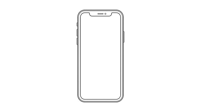 Minimalist smartphone line art illustration, blank mobile phone screen mockup, simple wireframe cellphone outline for app design and UI presentation isolated PNG with Transparent Background