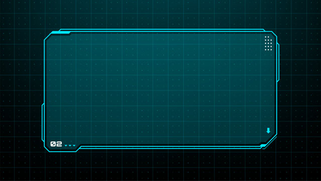 Blue hud frame overlay on digital grid. Futuristic interface element for data display. Sci-fi computer screen panel with information placeholder. High tech control system graphic art.