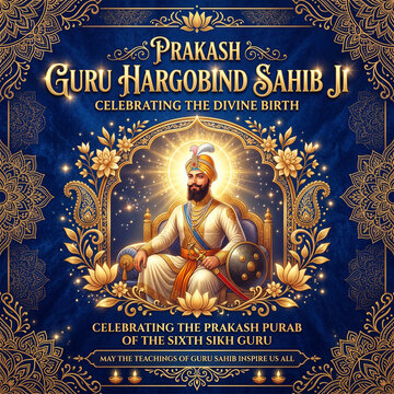 Prakash Purab Guru Hargobind Sahib Ji Celebration Graphic Design Template with Golden Sikh Religious Theme