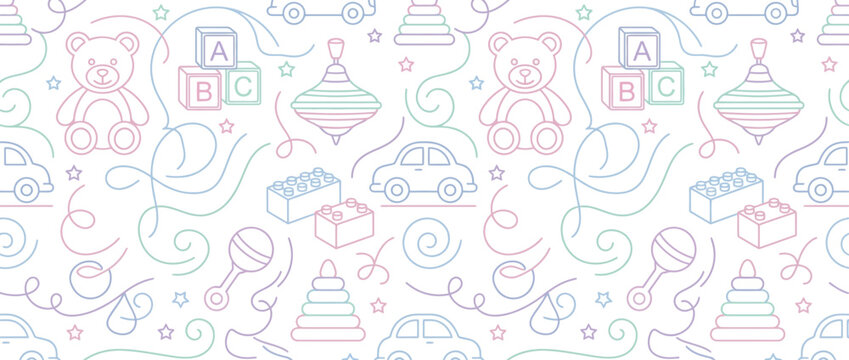 Colorful kids toys and playroom items pattern.
