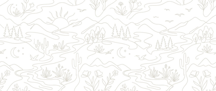 Desert mountain landscape line art with sun and cacti.
