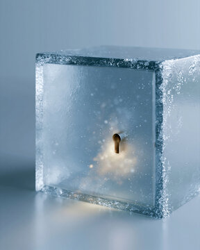 Clear ice cube holds a tiny golden keyhole. Soft light glows from within, mysterious and warm. Cold, fragile, yet full of hidden potential. Symbolizes secrets, barriers, or unexpected access