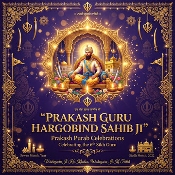Prakash Purab Guru Hargobind Sahib Ji Celebration Graphic Design Template with Golden Sikh Religious Theme
