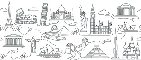 Naklejka premium Famous world landmarks and monuments black line art pattern.