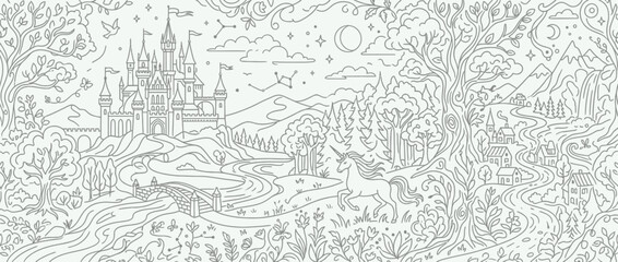 Naklejka premium Fantasy kingdom fairy tale landscape coloring page.