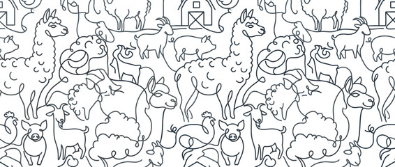 Obraz premium Farm animal line art seamless pattern background.