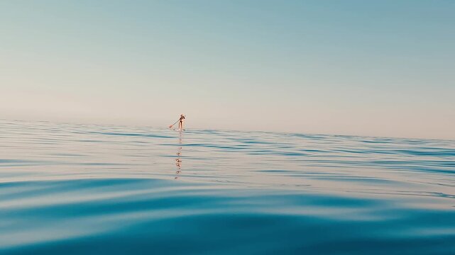 V&iacute;deo 4K de una persona practicando paddle surf en mar abierto, vista desde lejos sobre una superficie de agua tranquila. La escena tiene un encuadre minimalista, con horizonte limpio, cielo despejado