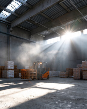 Sunlight streams through high windows, casting dramatic beams. Dust swirls in the air, stirred by a forklift's movement. Stacks of goods line the concrete floor