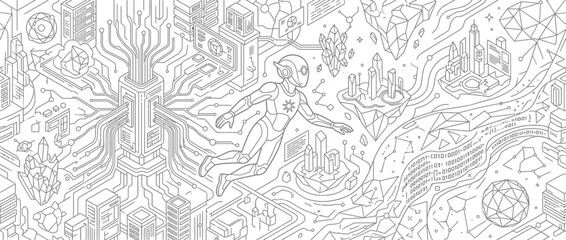 Fototapeta premium Futuristic isometric city line art with robotic technology elements.