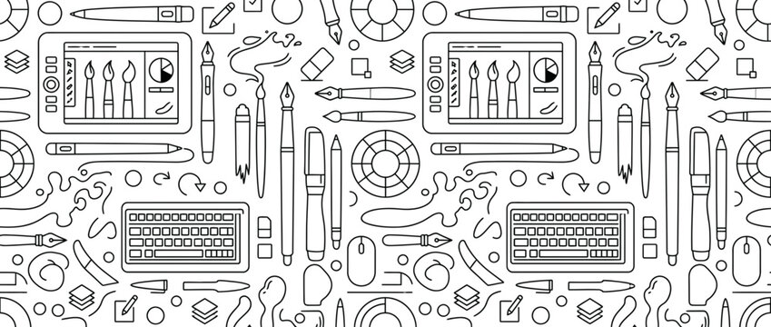 Graphic design tools and digital creative workspace line art.