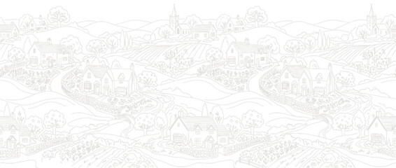 Fototapeta premium Hand drawn rural village landscape sketch panorama.