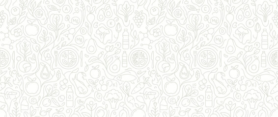 Obraz premium Healthy food and vegetable ingredients thin line art doodle.