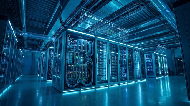 Modern server room with rows of high performance computing hardware for ai inference cluster tasks in high speed data processing center under blue neon lighting glow.