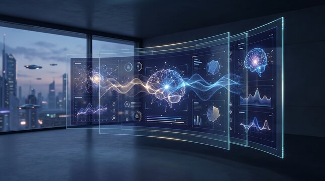 Digital neural interface screen showing holographic brain visualization and data analytics floating inside futuristic high tech corporate office at sunset cityscape.