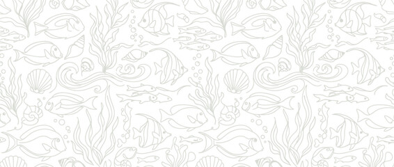 Obraz premium Minimalist monochrome underwater fish and seaweed line art pattern.