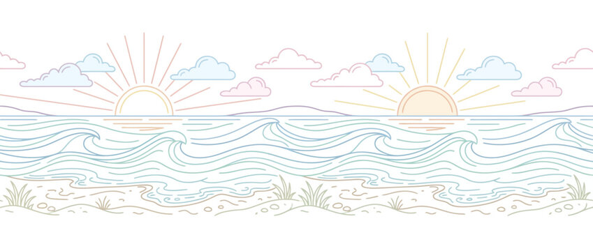 Minimalist ocean waves and sunset beach panoramic landscape.