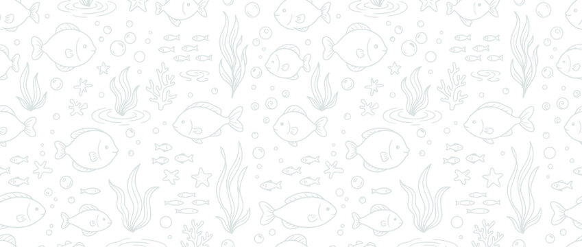 Minimalist underwater fish and bubble line art pattern