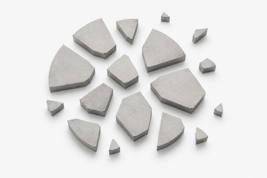 A complete circle breaking into irregular fragments, geometric decomposition process.