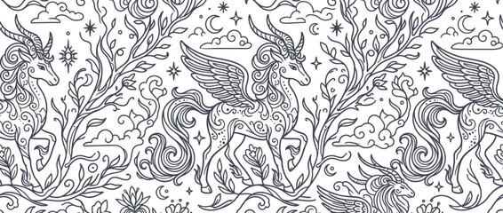 Fototapeta premium Mythical pegasus and unicorn line art floral pattern.