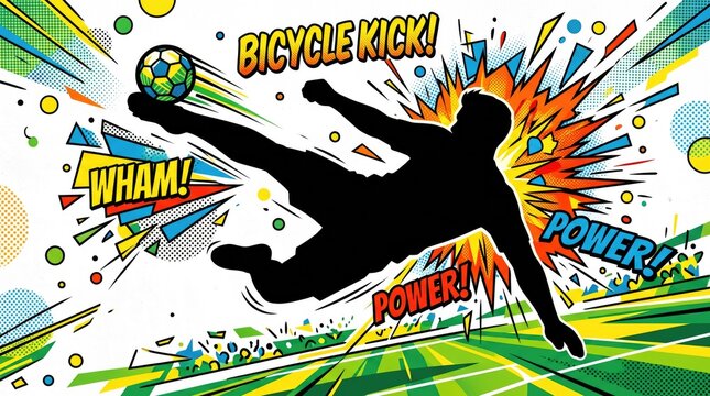 Dynamic bicycle kick illustration soccer player in action with comic book effects