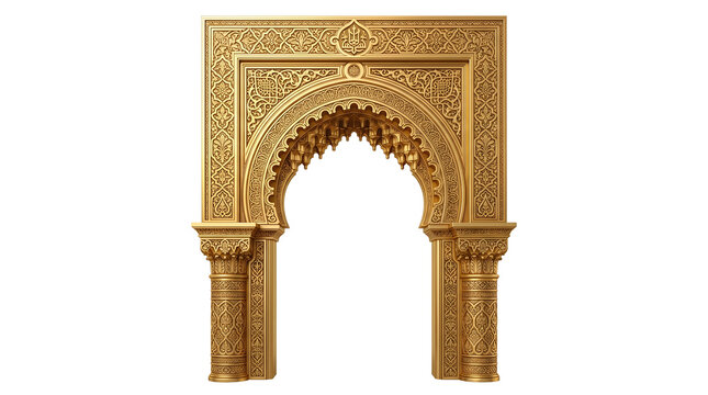 Ornate Gold Islamic Mihrab Arch With Arabic Calligraphy and Jewel-Inlaid pnf