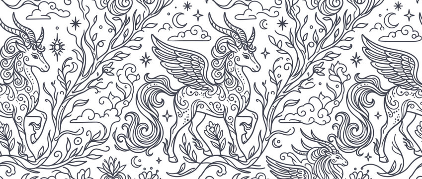 Mythical pegasus and unicorn line art floral pattern.