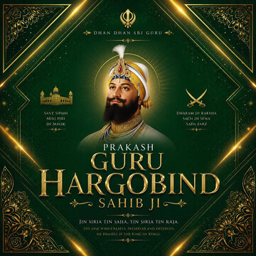 Prakash Purab Guru Hargobind Sahib Ji Celebration Graphic Design Template with Golden Sikh Religious Theme