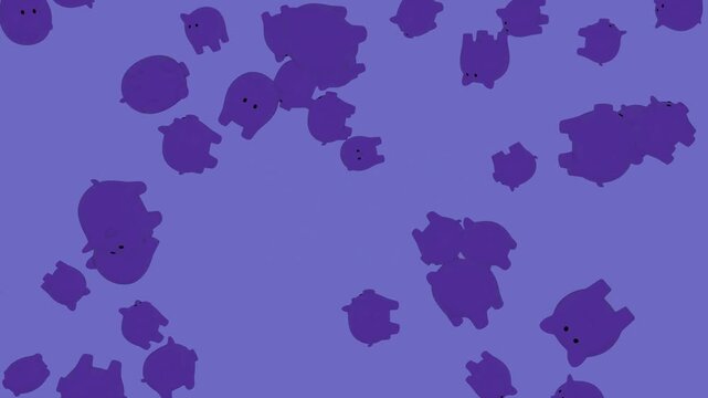 3d animation of purple piggy banks falling on a violet background for financial savings concept