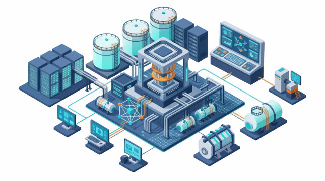 Isometric Data Center with Servers and Network Equipment.