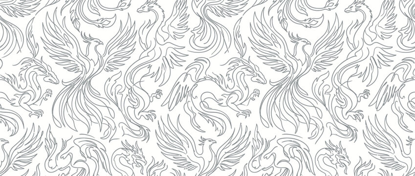 Ornate mythical phoenix and dragon line art pattern.