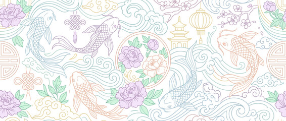 Fototapeta premium Pastel koi fish and lotus floral pattern.